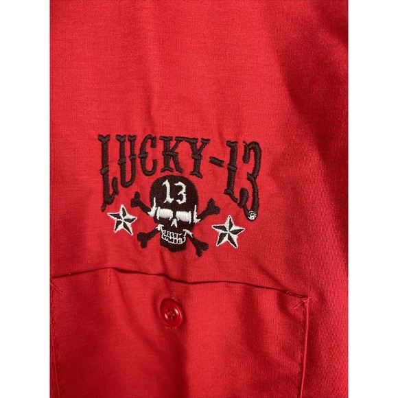 Vintage Lucky 13 Button Up Shirt Size L Red With Black Skull Design - Picture 4 of 10